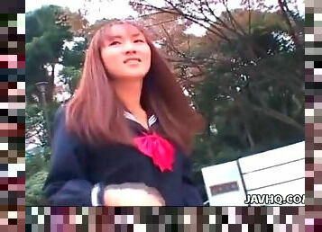 Adorable Japanese schoolgirl in public