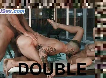 Bisexual babe in the pool fucked in threesome by bisexual guys