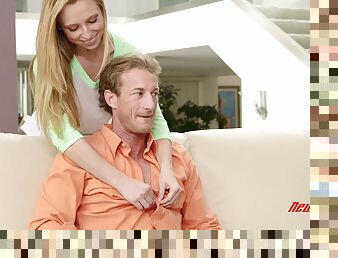 Blonde babe with a shaved pussy enjoying a hardcore fuck on her sofa