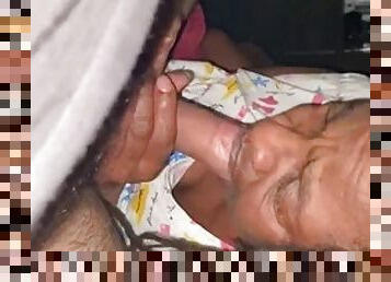 Black granny deepthroats gets cum in mouth