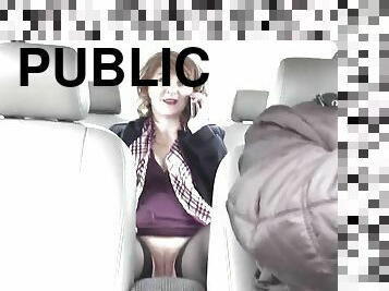 Public nudity. Naked in public. No panties under skirt Without panties. Taxi driver carries sexy blonde Milf in back of seat car