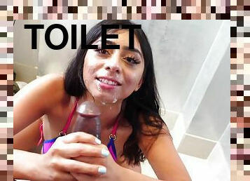 Rimming On The Toilet - POV interracial oral sex with busty monster tits Latina brunette