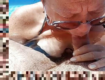 Girlfriend plays with my cock underwater in the garden pool