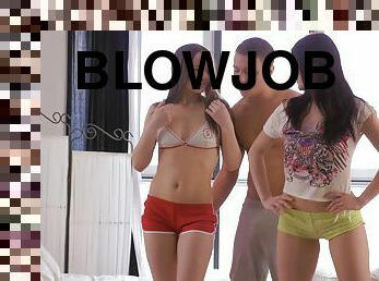 Teen sluts share tasty dong together in energized FFM at home