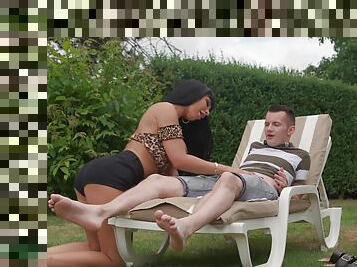 Mature mom devours young cock with her tight pussy in backyard romance