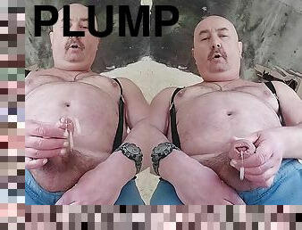 Good fat plump daddy with a moustached vicious pot-bellied showing off under a country bus shelter