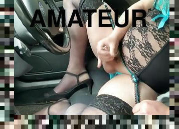 Amateur Crossdresser Kellycd2022 horny carpark masturbation in stockings and heels big cumshot outdoors public