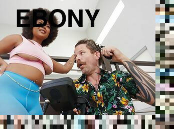 Curly-haired ebony with big juggs rides Scott's pecker through the hole in her pants