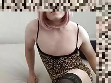 Kitty femboy in leopard dress fucked hard by chubby daddy