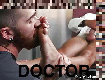 Hot doctor hunk jerking off during feet licking worship