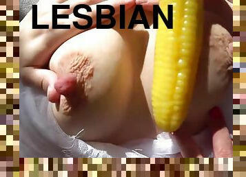 Homemade Lesbian BBW sex with corn sex toy - fat ass mom in stockings