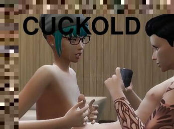 Cuckold husband takes a shower while best friend fucks his wife and still cums on his