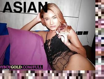 Pretty Asian shemale Nonny deep anal fucked by a big white cock
