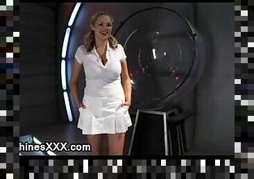 Bound busty blonde fucked by machine on a cold steel table