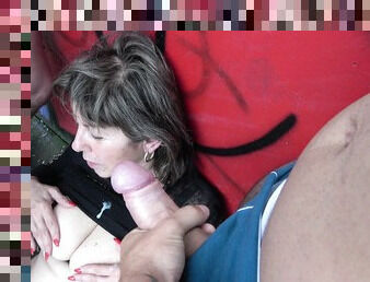 Mature nympho Agatha seduces three guys on the basketball court