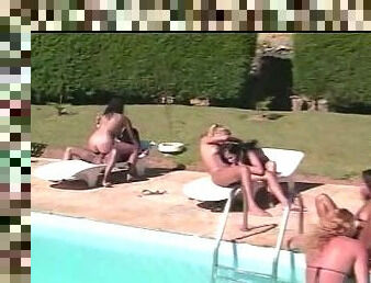 Shemale and tart sex by the pool