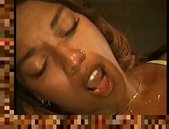 Long haired ebony gets her pussy licked from behind by boyfriend then fucks