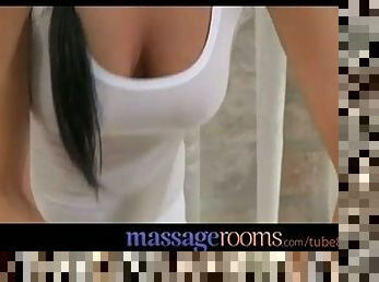 Massage Rooms Black haired masseuse rubs shaved pussy on client's big cock