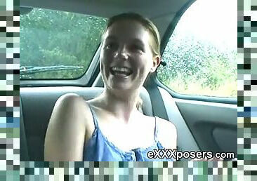Emma flashes tits and knickers in the back of car