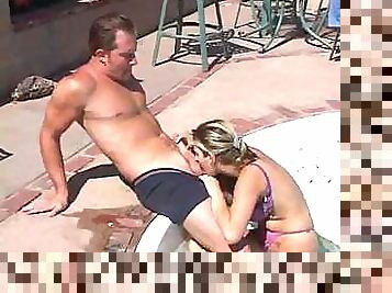 Blonde in the pool wants to come out and fuck her boyfriend