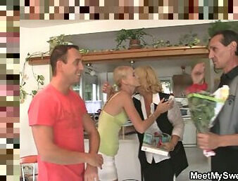 Slutty blonde teen parties with her bf's parents