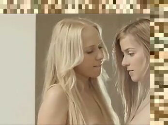 Blonde lesbians fuck in kitchen