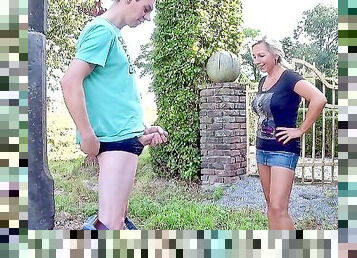 Blonde mature caught guy jerking off and fuck him