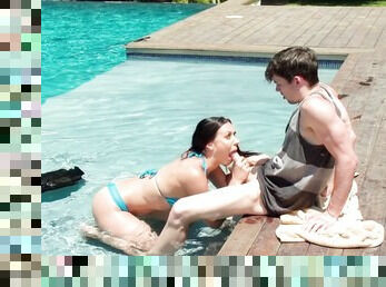 Sex by the pool with the young boy after hubby falls asleep