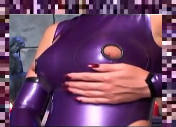 Anal sex in shiny latex lingerie and high heels