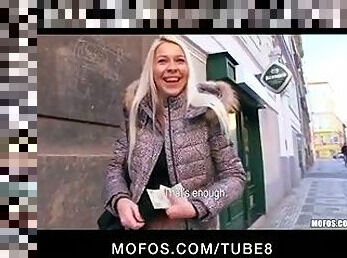 Platinum blonde Czech girl is picked up in the street and paid to fuck