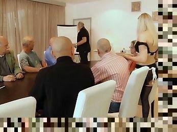 Sexy teen waitress is gangbanged by a group of grandpas at the office