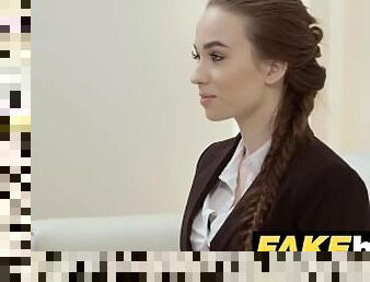Female Agent Interview climaxes in hot pussy eating lesbian sex