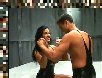 Holly Body Latex and oil wrestling and fuck