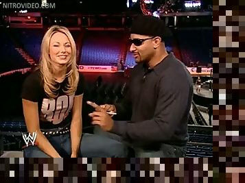 Wrestling babe Stacy Keibler shows off her panties spread eagle